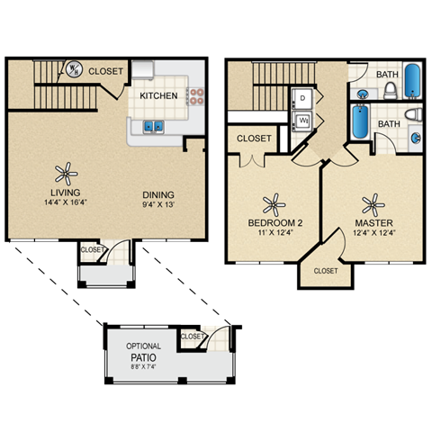 Floor plan for 2 beds, 2 baths, 1269 sqft